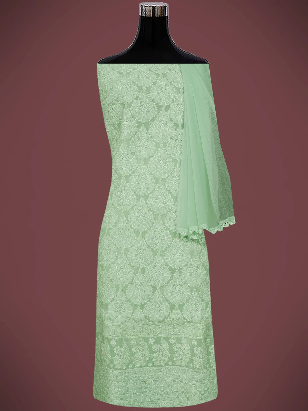 Ada Hand Embroidered Light Green Cotton Lucknowi Chikankari Unstitched Suit Piece 01A677455