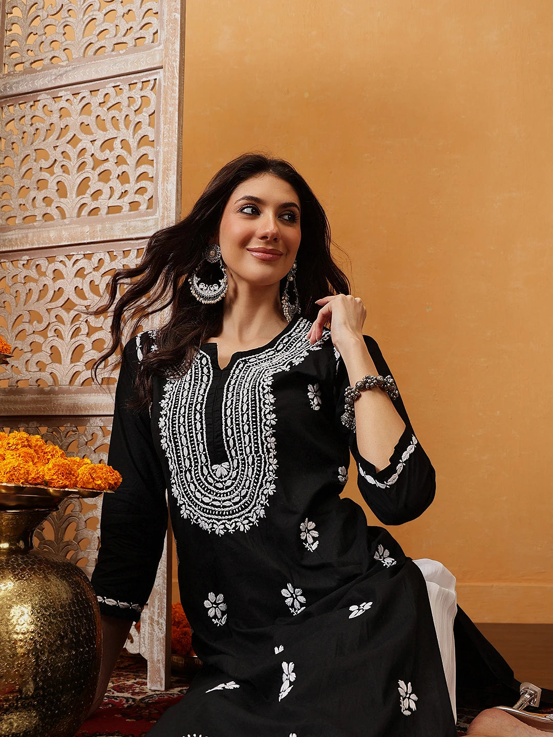 Ada Hand Embroidered Black Cotton Lucknowi Chikankari Straight Kurta A411743