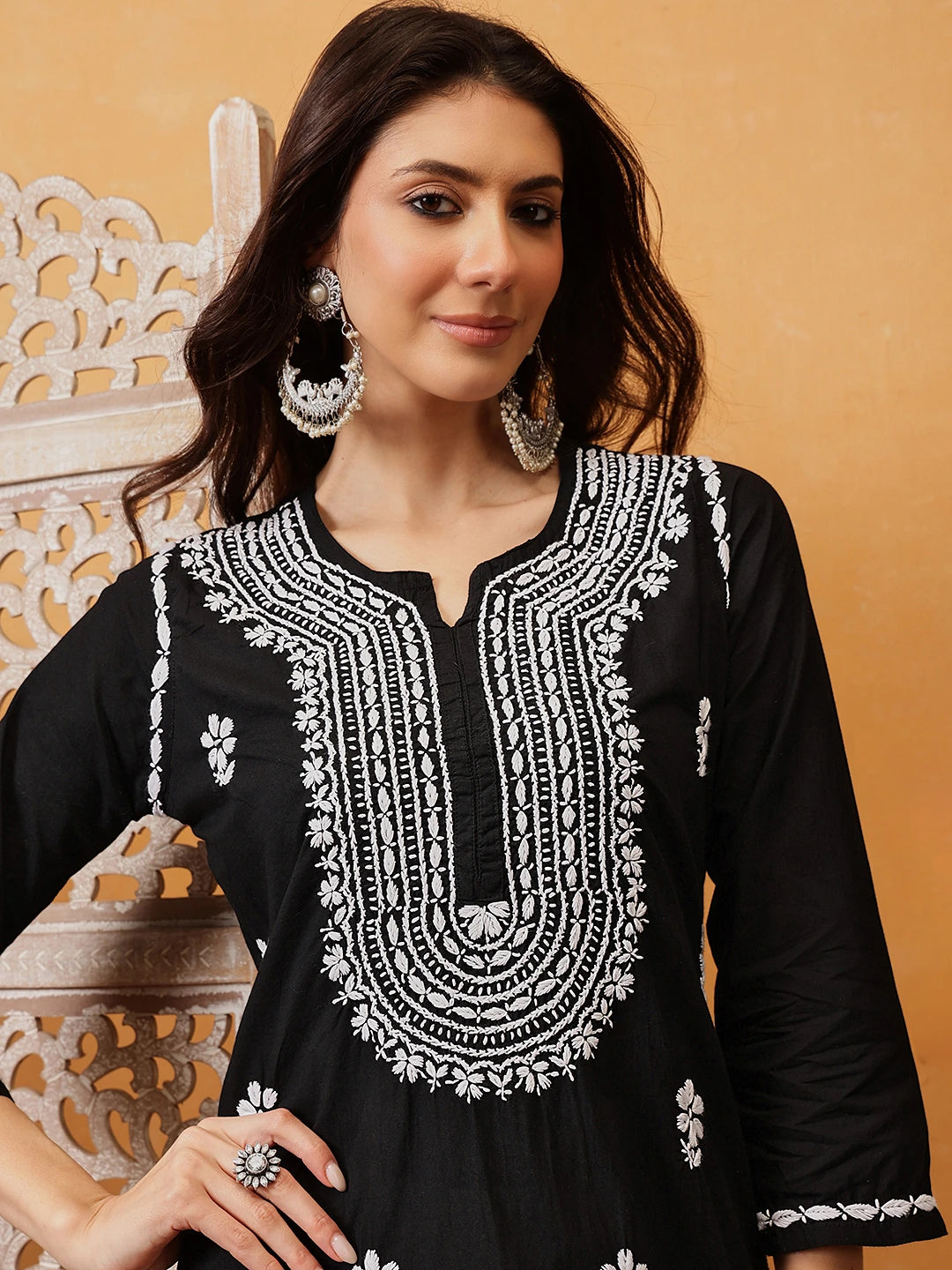 Ada Hand Embroidered Black Cotton Lucknowi Chikankari Straight Kurta A411743