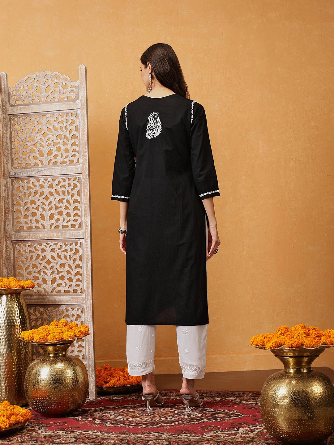 Ada Hand Embroidered Black Cotton Lucknowi Chikankari Straight Kurta A411743