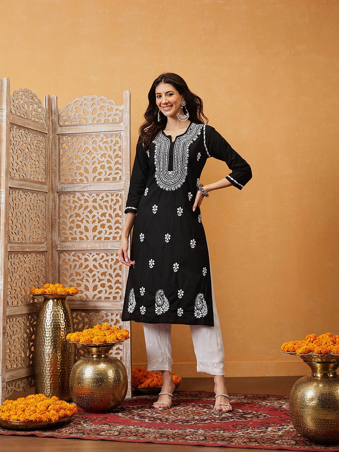 Ada Hand Embroidered Black Cotton Lucknowi Chikankari Straight Kurta A411743