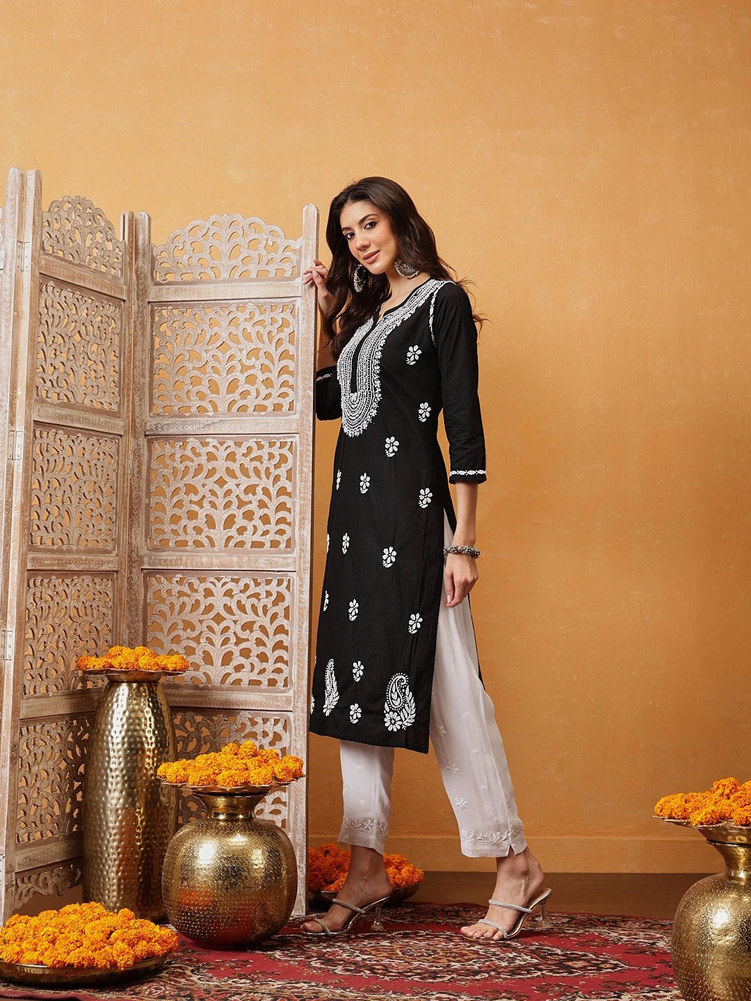 Ada Hand Embroidered Black Cotton Lucknowi Chikankari Straight Kurta A411743
