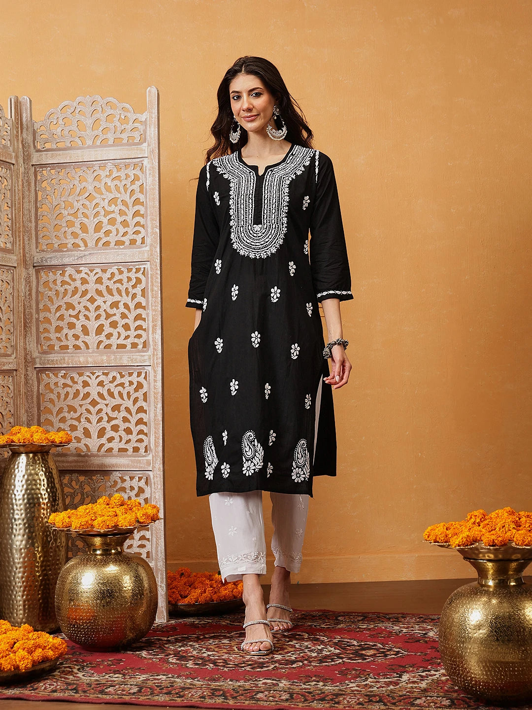Ada Hand Embroidered Black Cotton Lucknowi Chikankari Straight Kurta A411743