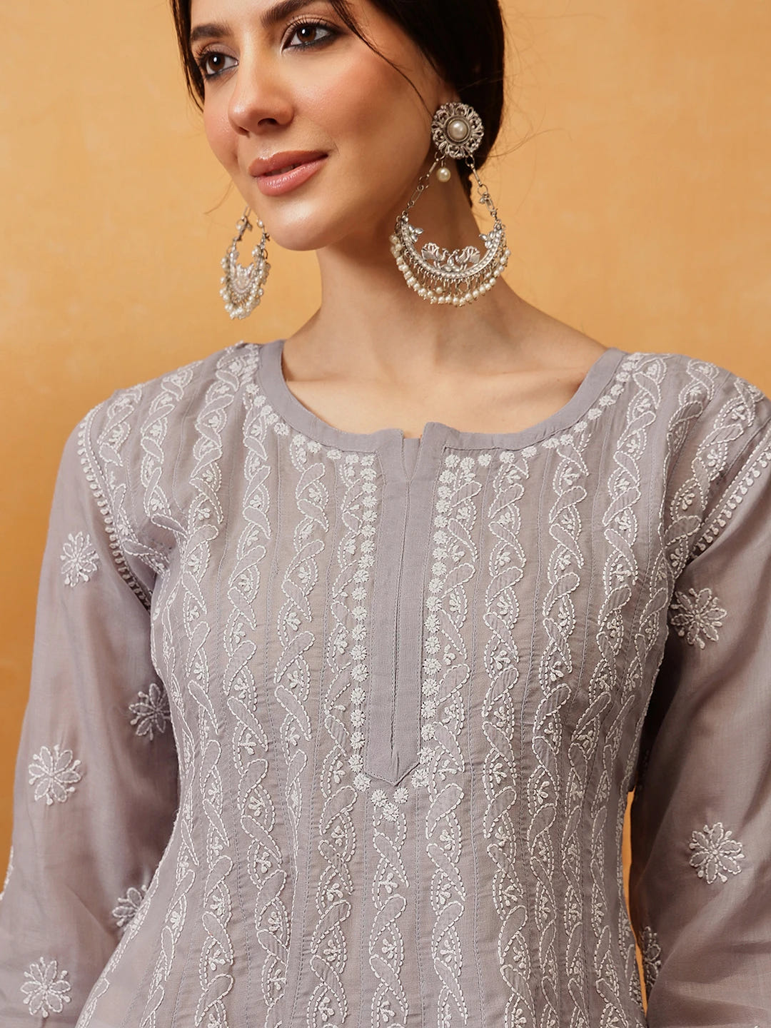 Ada Hand Embroidered Grey Cotton Lucknowi Chikankari Anarkali A-line Kurta A411755