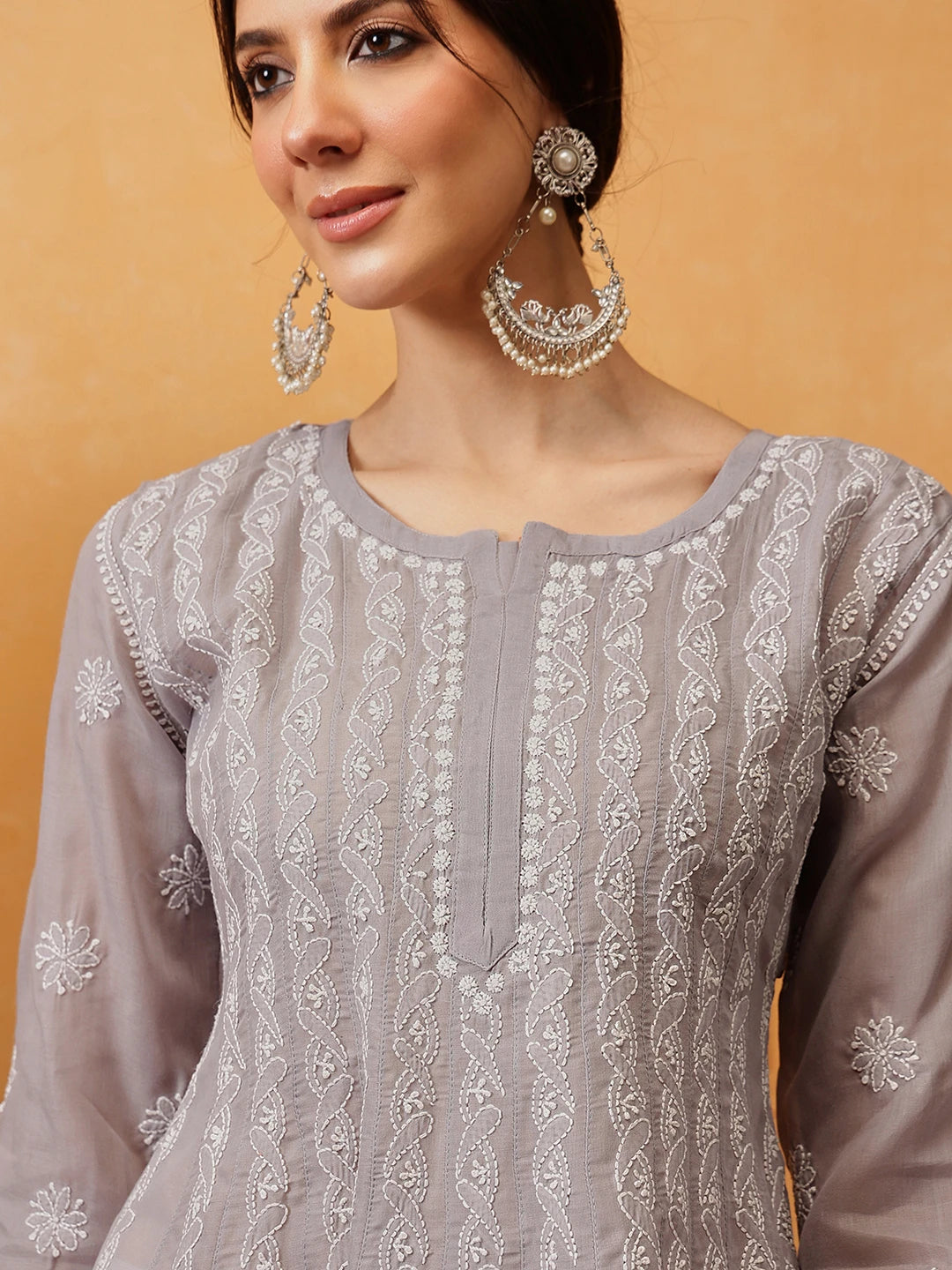 Ada Hand Embroidered Grey Cotton Lucknowi Chikankari Anarkali A-line Kurta A411755