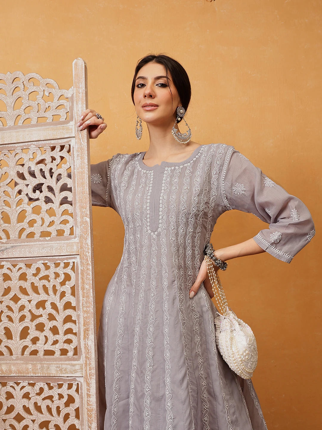Ada Hand Embroidered Grey Cotton Lucknowi Chikankari Anarkali A-line Kurta A411755