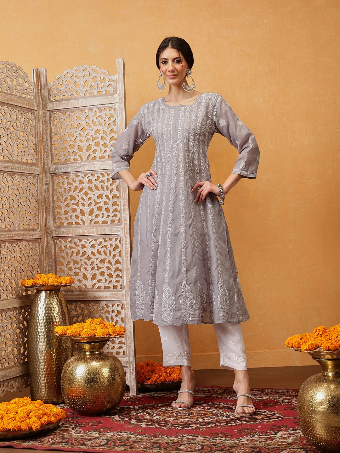 Ada Hand Embroidered Grey Cotton Lucknowi Chikankari Anarkali A-line Kurta A411755