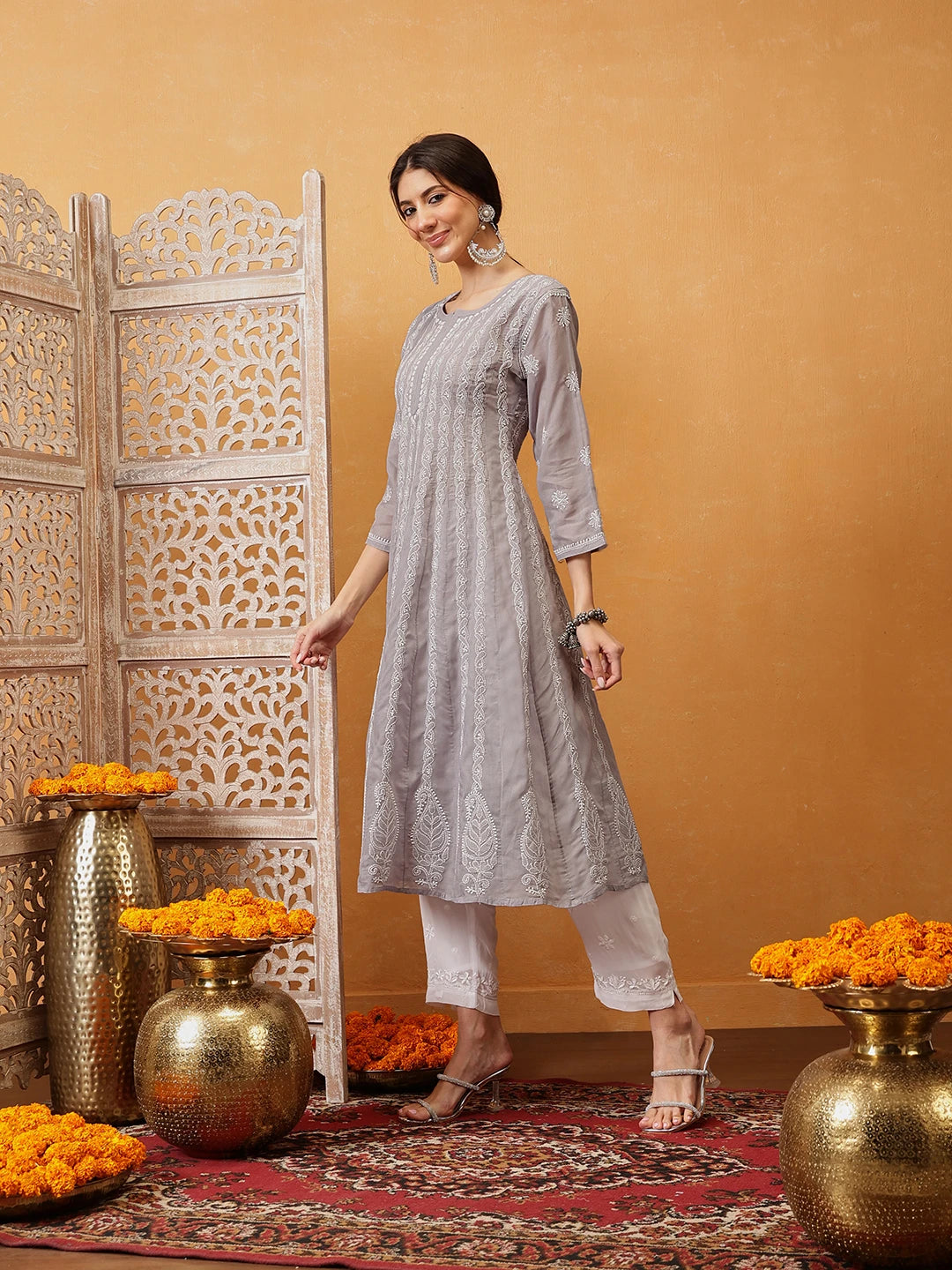Ada Hand Embroidered Grey Cotton Lucknowi Chikankari Anarkali A-line Kurta A411755