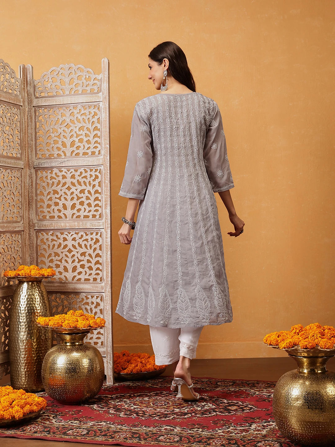 Ada Hand Embroidered Grey Cotton Lucknowi Chikankari Anarkali A-line Kurta A411755