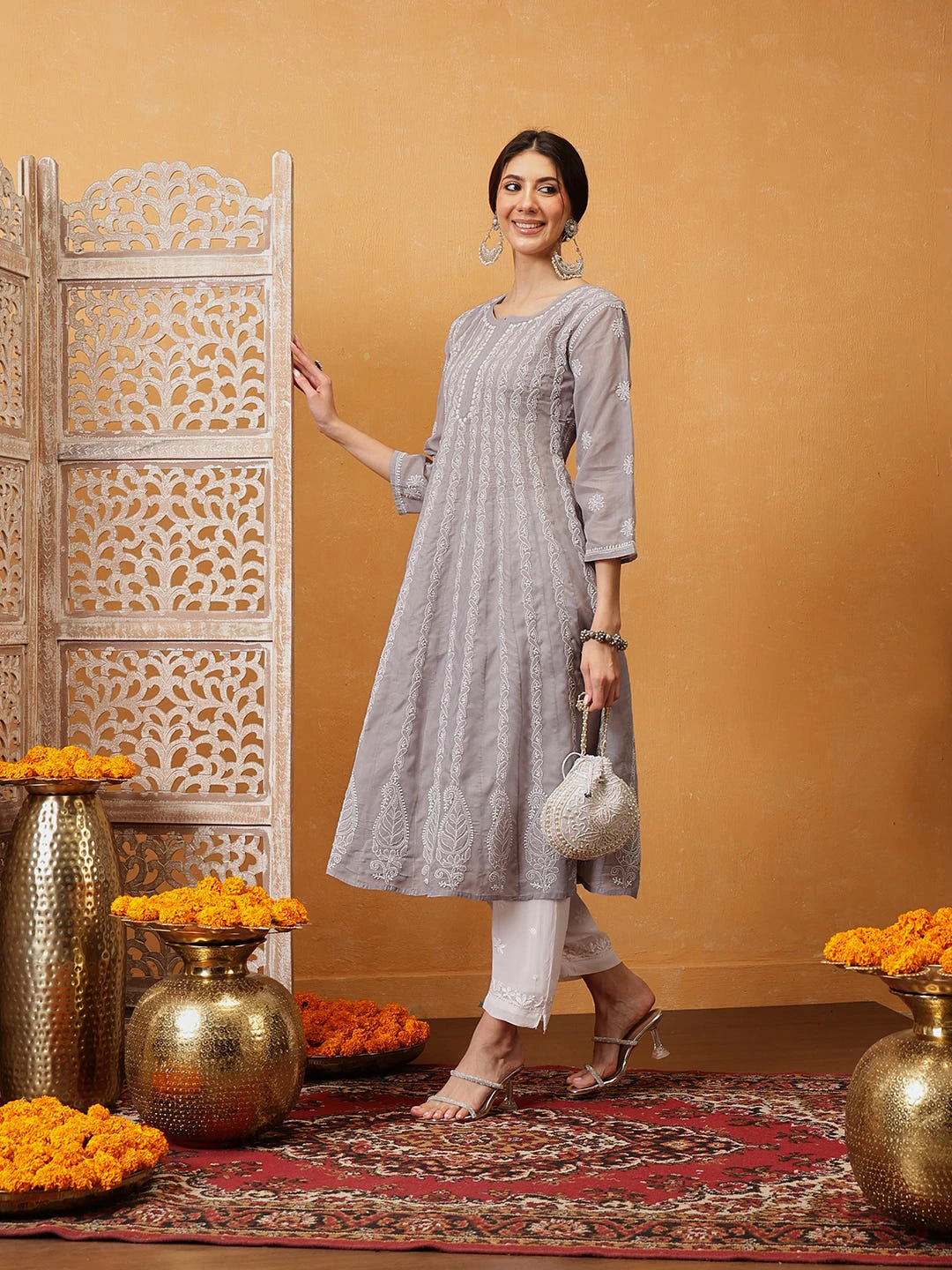 Ada Hand Embroidered Grey Cotton Lucknowi Chikankari Anarkali A-line Kurta A411755
