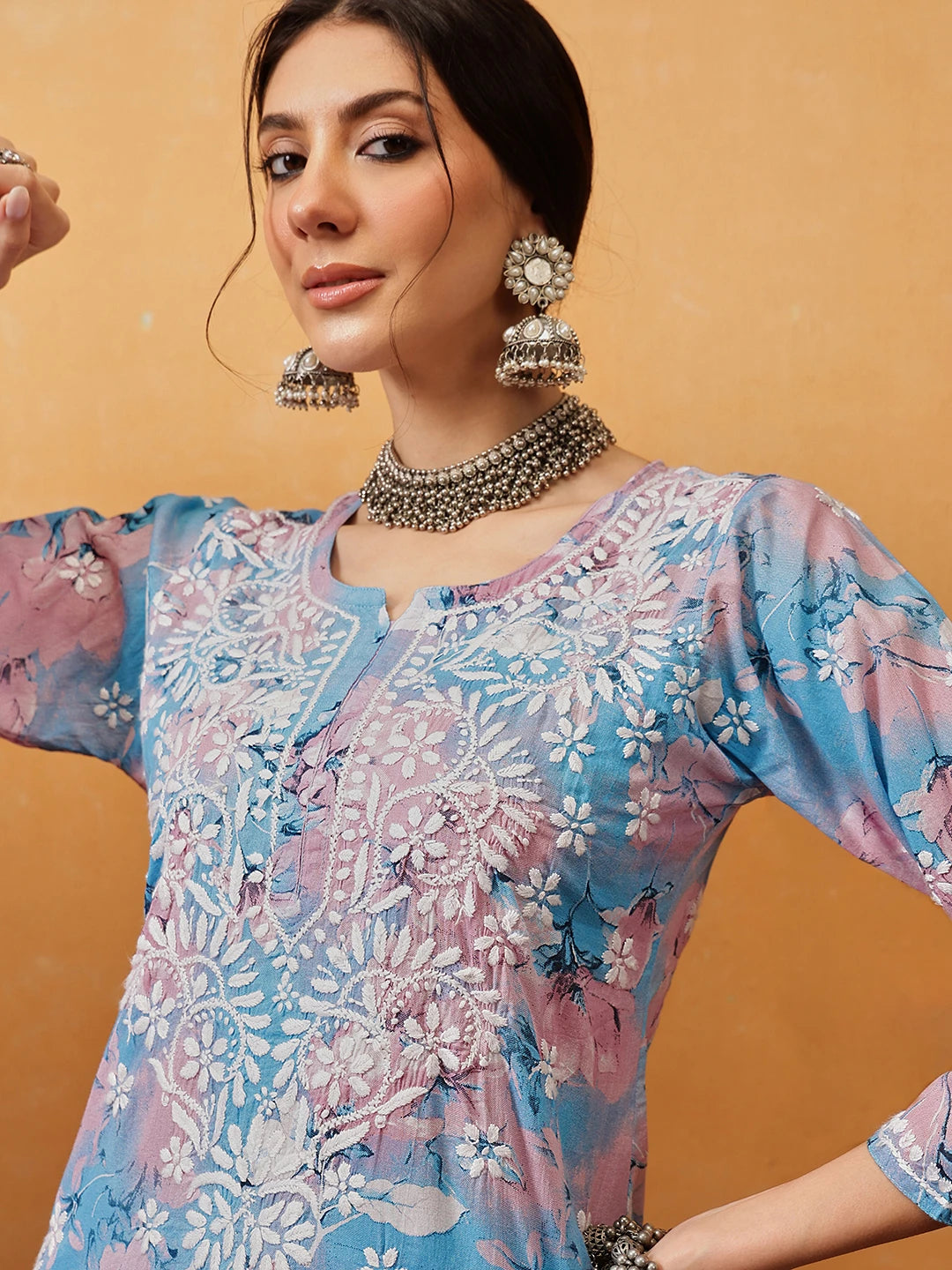 Ada Hand Embroidered Floral Printed Blue and Pink Cotton Lucknowi Chikankari Co-Ord Set A811310