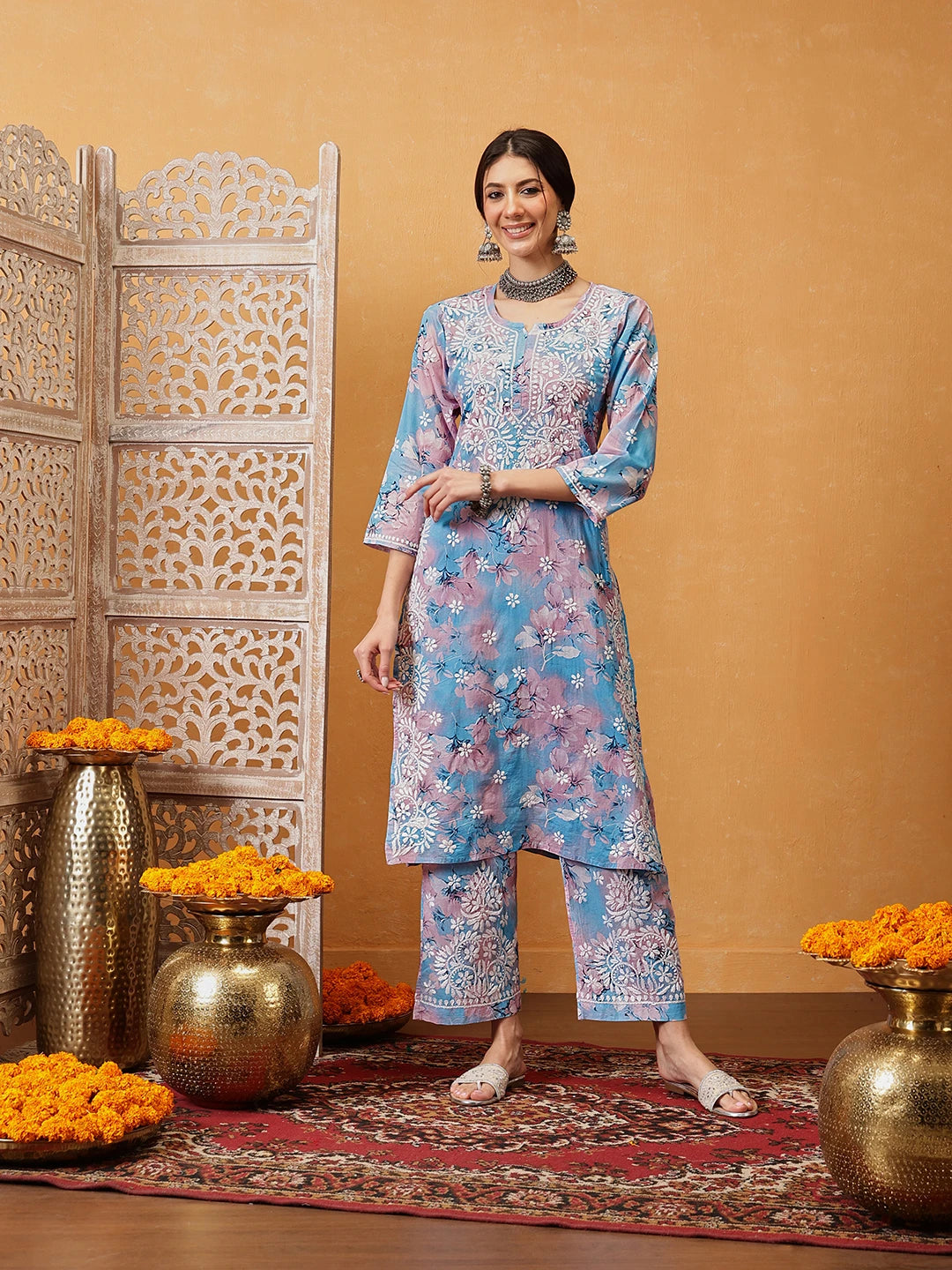 Ada Hand Embroidered Floral Printed Blue and Pink Cotton Lucknowi Chikankari Co-Ord Set A811310