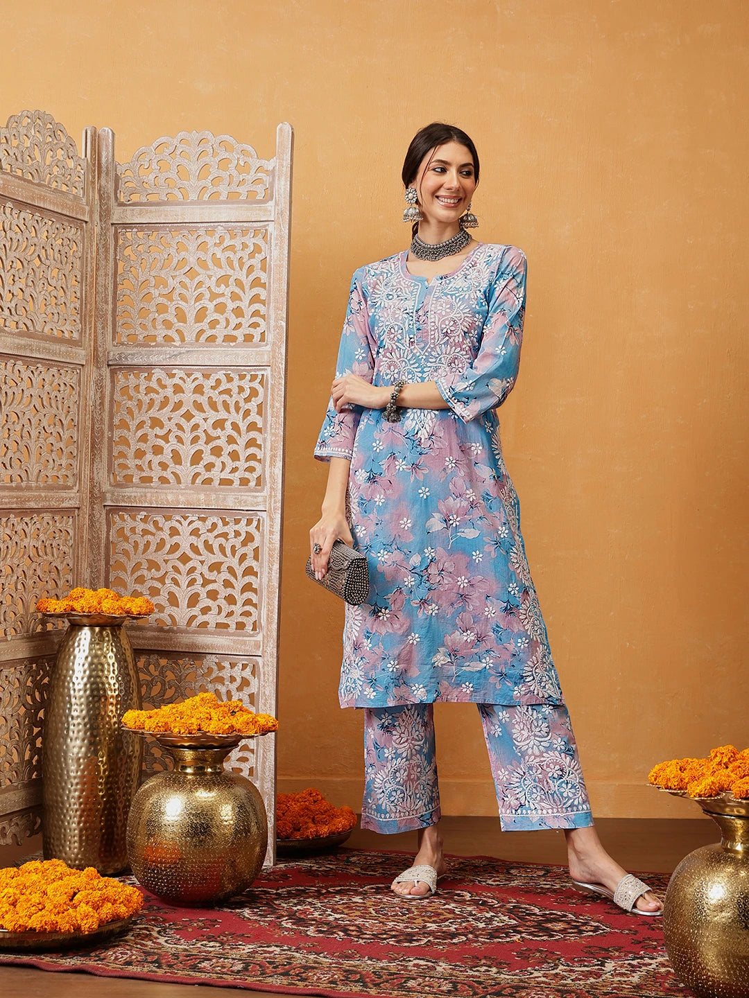 Ada Hand Embroidered Floral Printed Blue and Pink Cotton Lucknowi Chikankari Co-Ord Set A811310