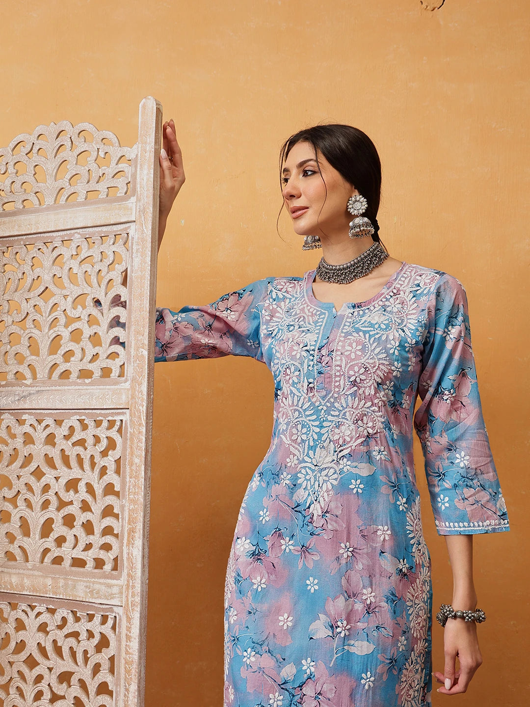 Ada Hand Embroidered Floral Printed Blue and Pink Cotton Lucknowi Chikankari Co-Ord Set A811310