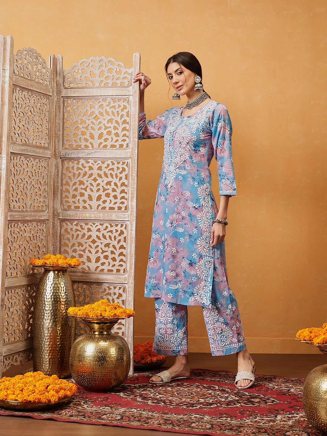 Ada Hand Embroidered Floral Printed Blue and Pink Cotton Lucknowi Chikankari Co-Ord Set A811310