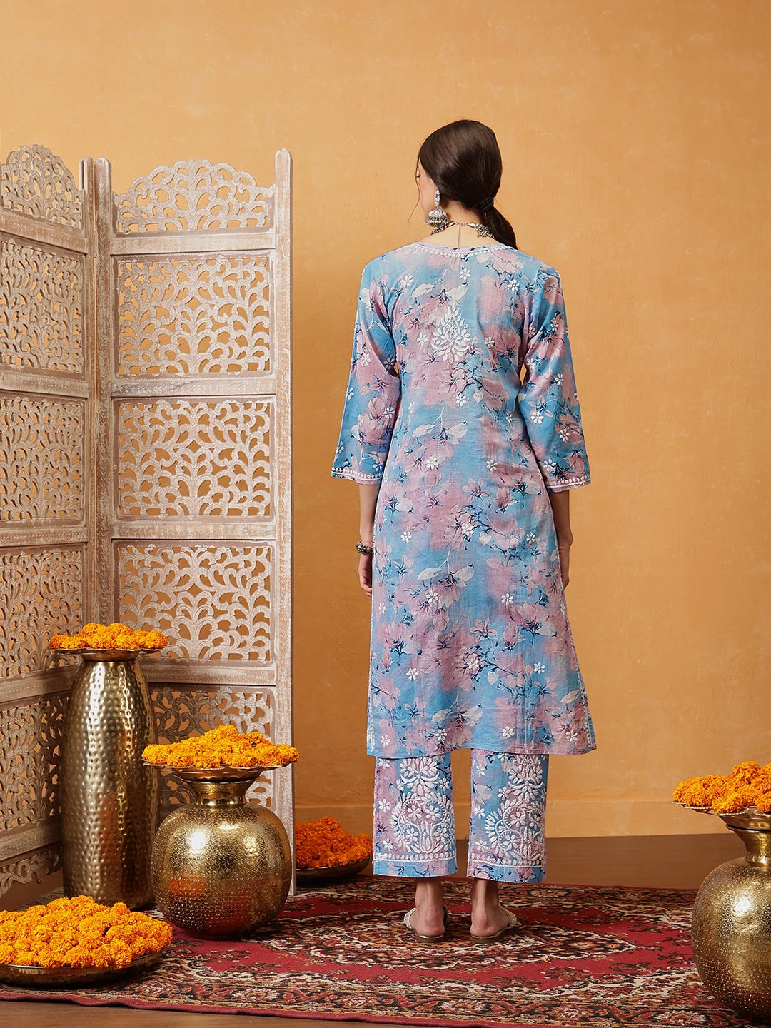 Ada Hand Embroidered Floral Printed Blue and Pink Cotton Lucknowi Chikankari Co-Ord Set A811310
