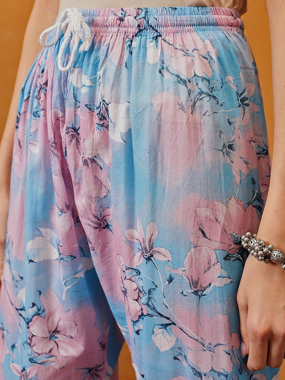 Ada Hand Embroidered Floral Printed Blue and Pink Cotton Lucknowi Chikankari Co-Ord Set A811310
