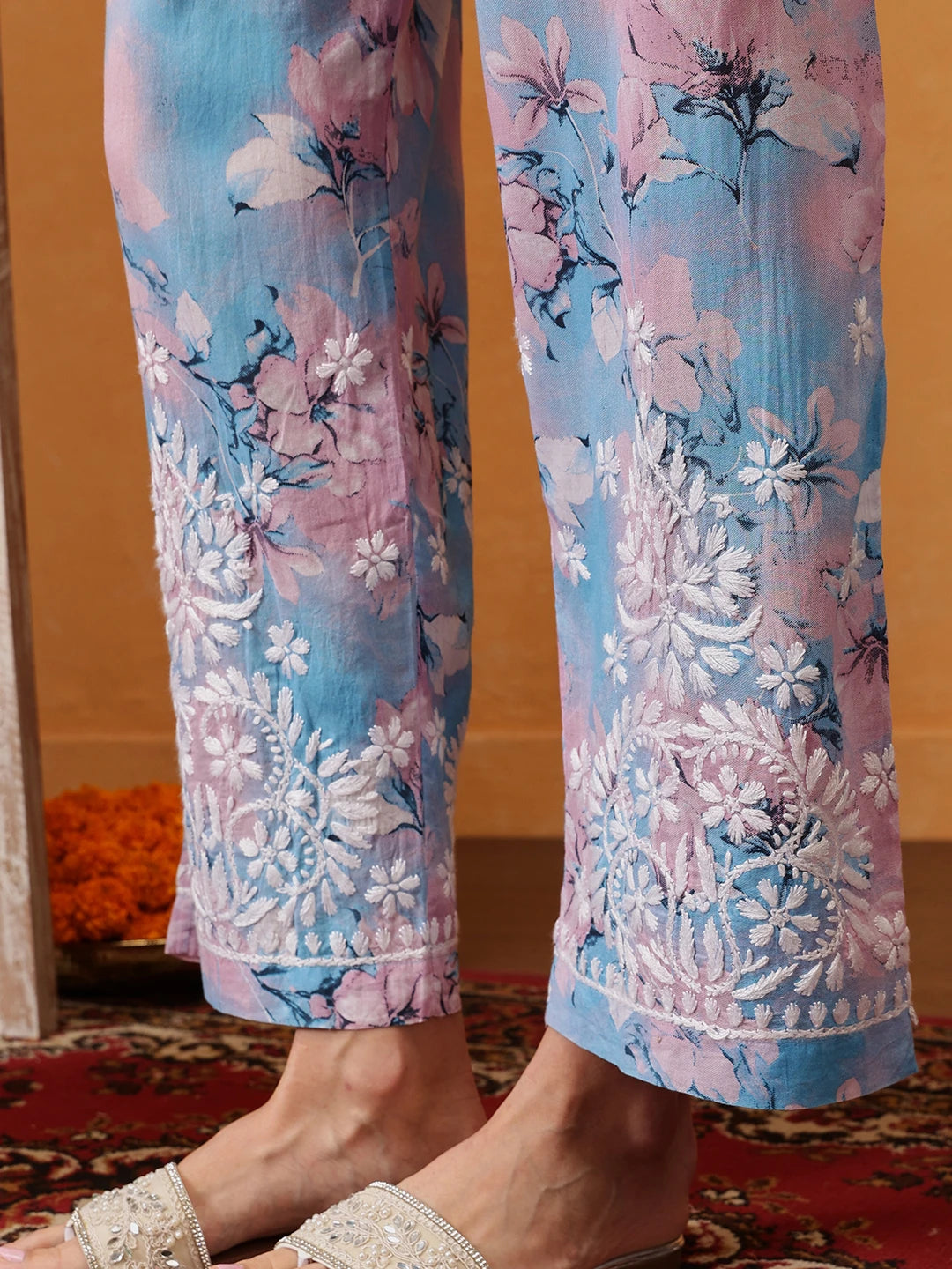 Ada Hand Embroidered Floral Printed Blue and Pink Cotton Lucknowi Chikankari Co-Ord Set A811310