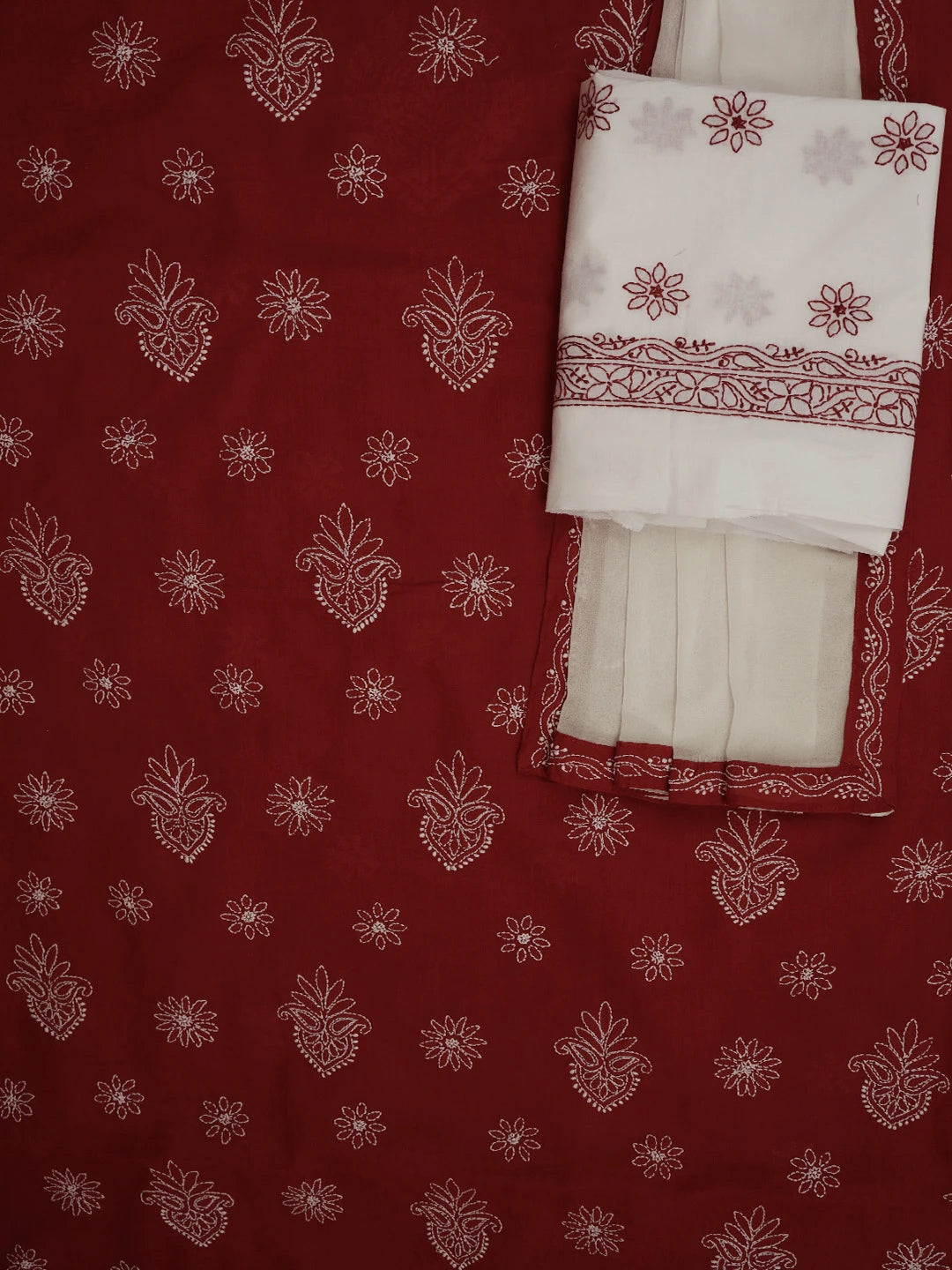 Ada Hand Embroidered Maroon Cotton Lucknowi Chikankari Unstitched Suit Piece 01A731808
