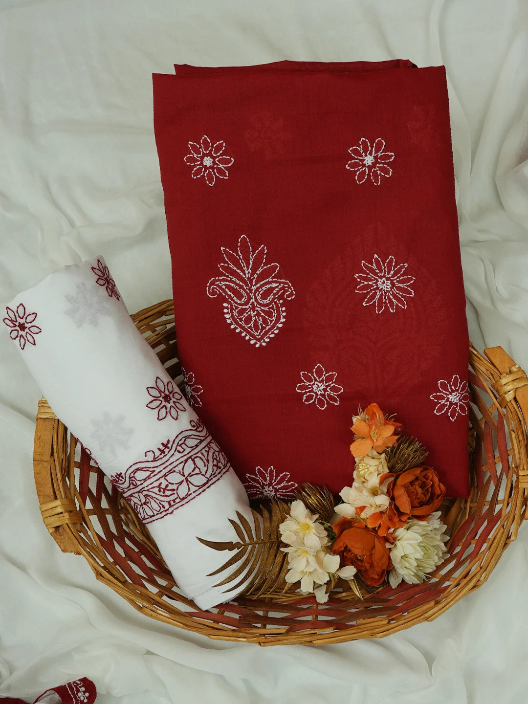 Ada Hand Embroidered Maroon Cotton Lucknowi Chikankari Unstitched Suit Piece 01A731808