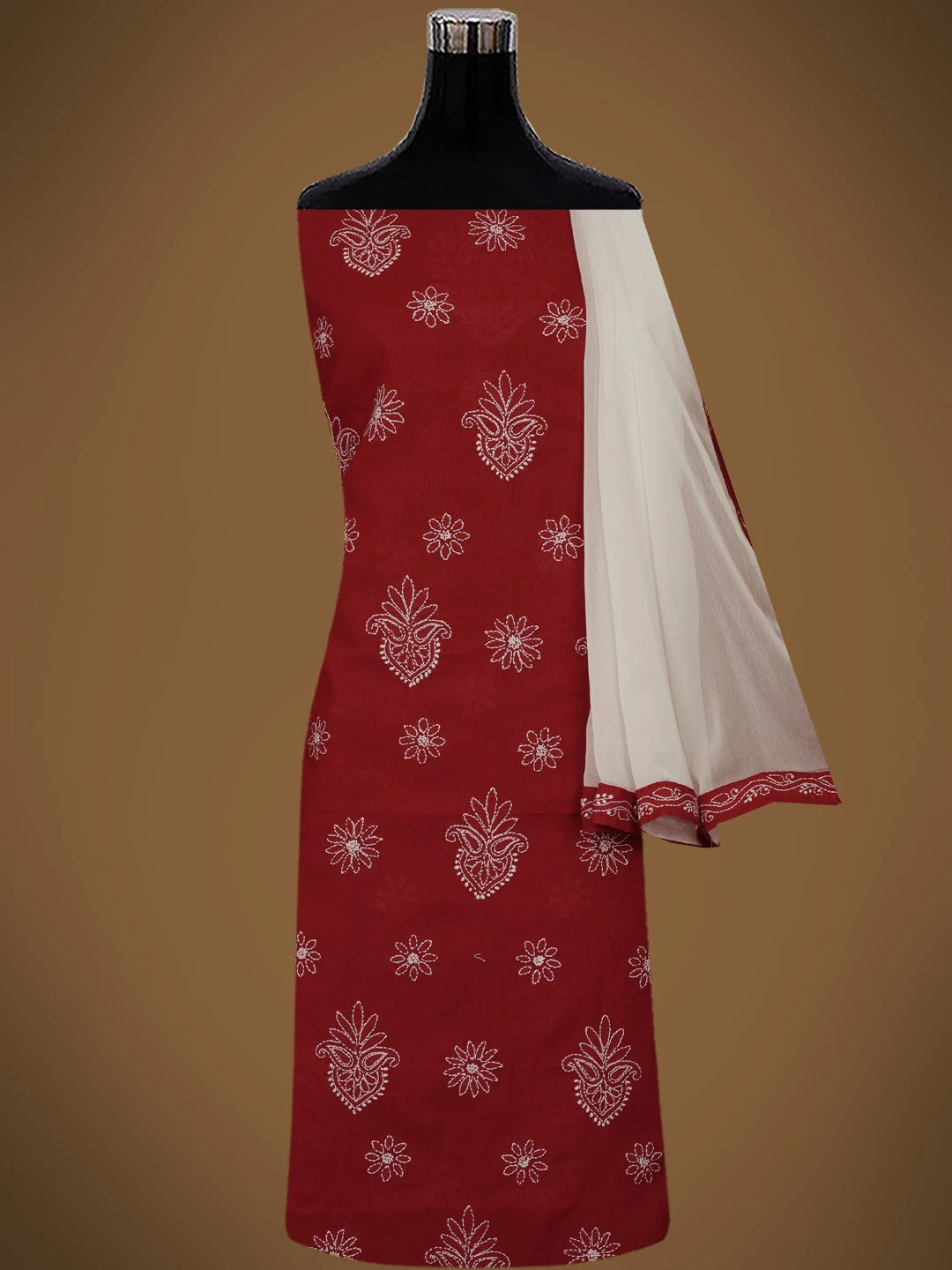 Ada Hand Embroidered Maroon Cotton Lucknowi Chikankari Unstitched Suit Piece 01A731808