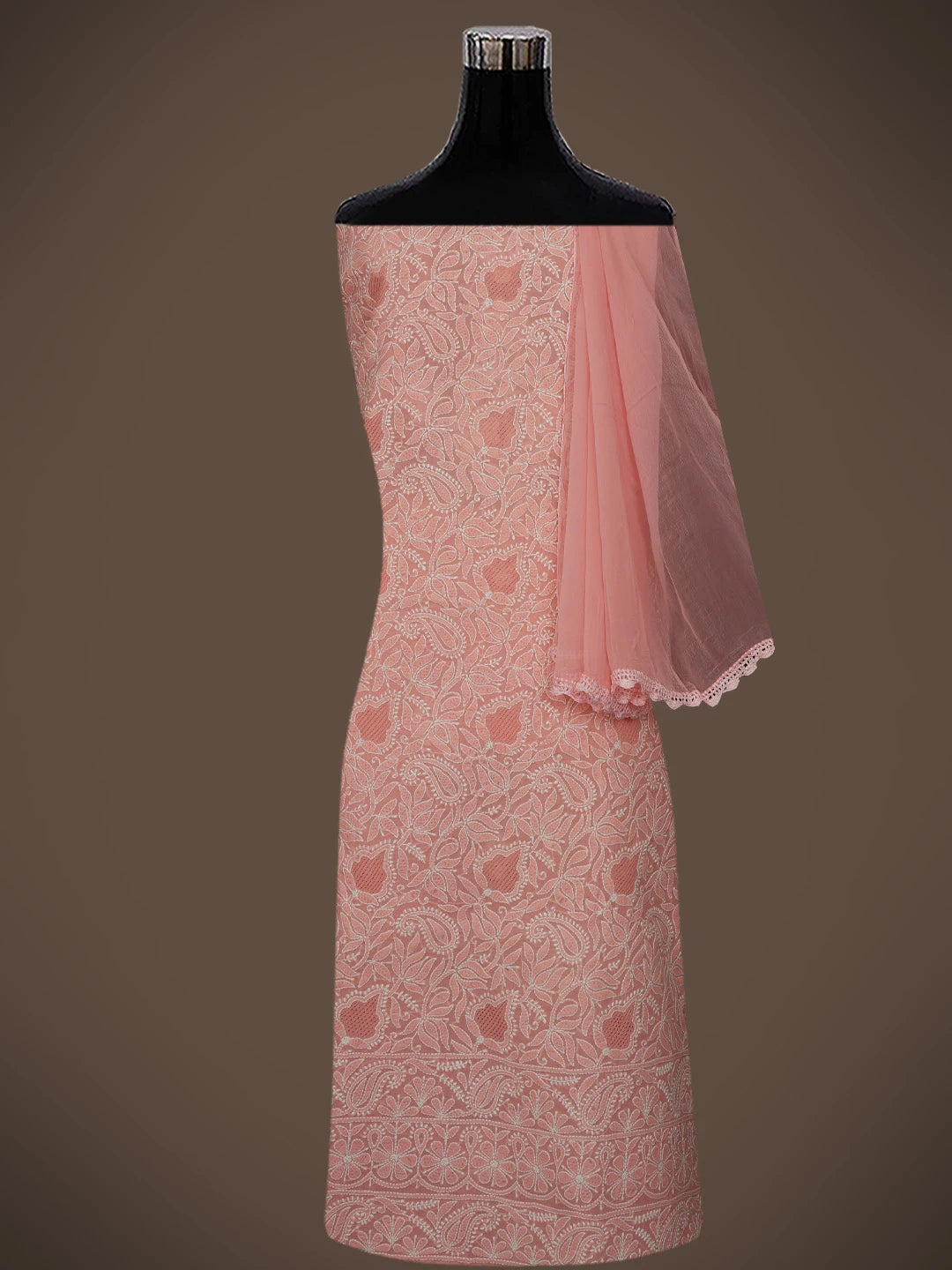 Ada Hand Embroidered Georgia Peach Cotton Lucknowi Chikankari Unstitched Suit Piece 01A621420