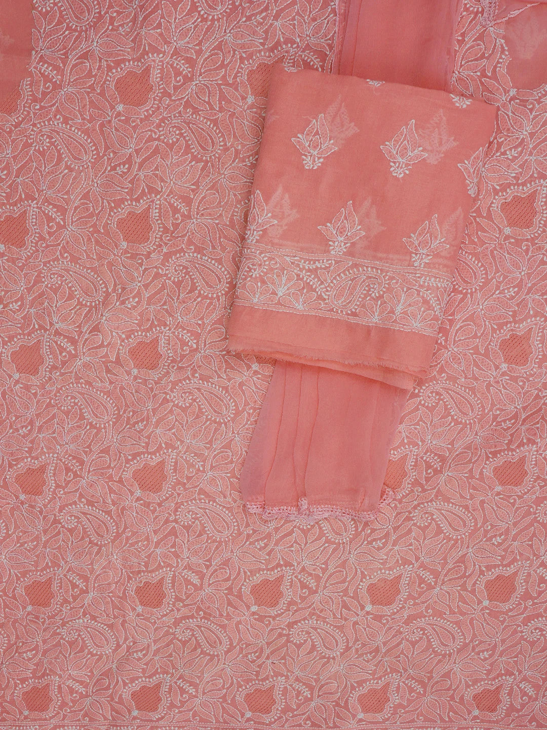 Ada Hand Embroidered Georgia Peach Cotton Lucknowi Chikankari Unstitched Suit Piece 01A621420