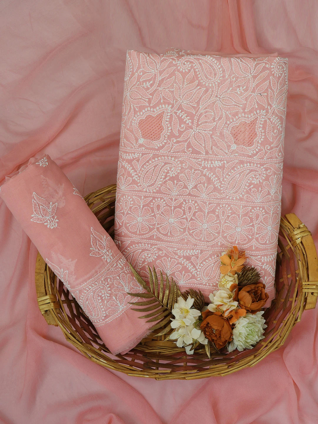 Ada Hand Embroidered Georgia Peach Cotton Lucknowi Chikankari Unstitched Suit Piece 01A621420