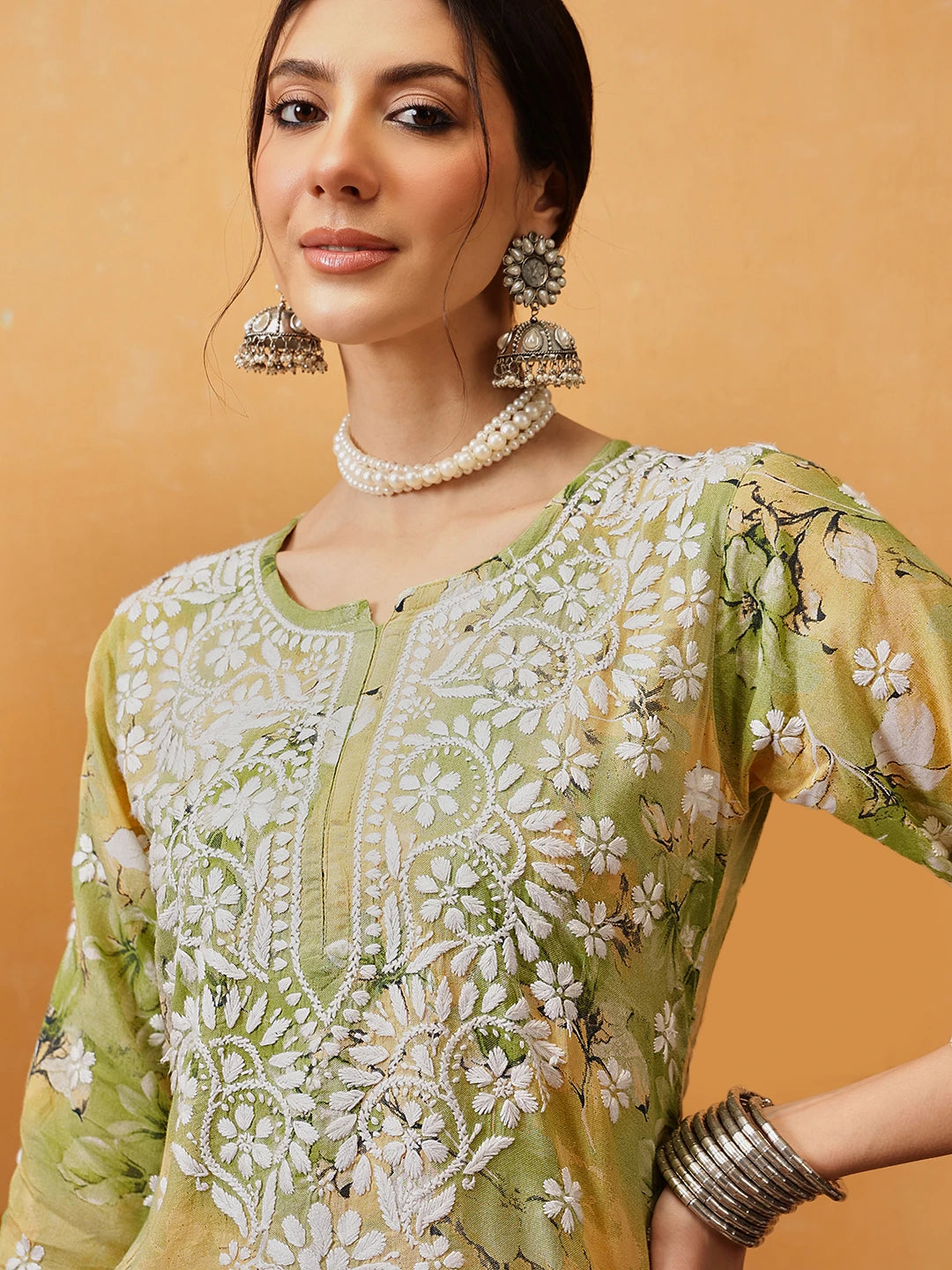 Ada Hand Embroidered Floral Printed Green and Yellow Cotton Lucknowi Chikankari Co-Ord Set A811315