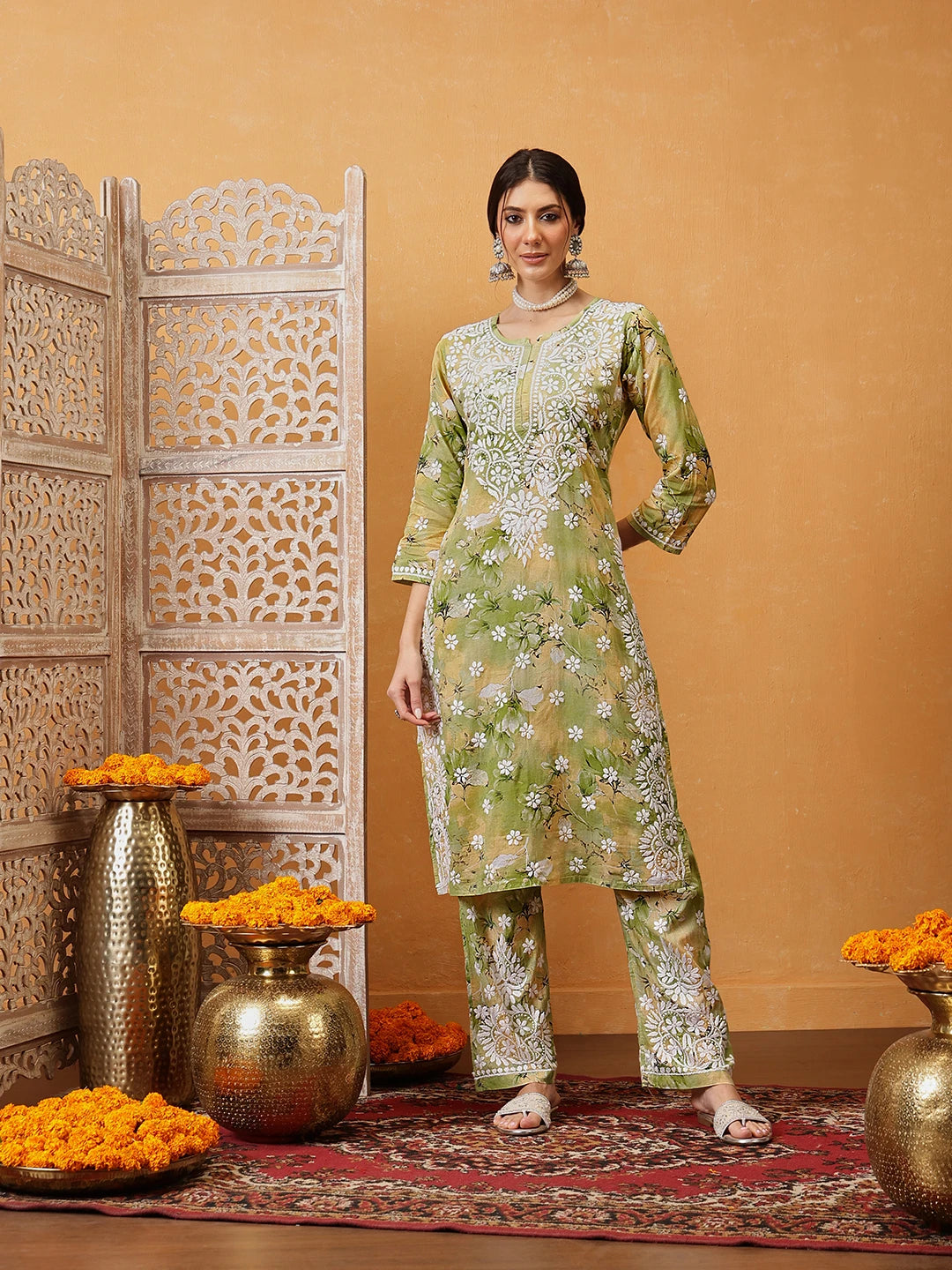 Ada Hand Embroidered Floral Printed Green and Yellow Cotton Lucknowi Chikankari Co-Ord Set A811315