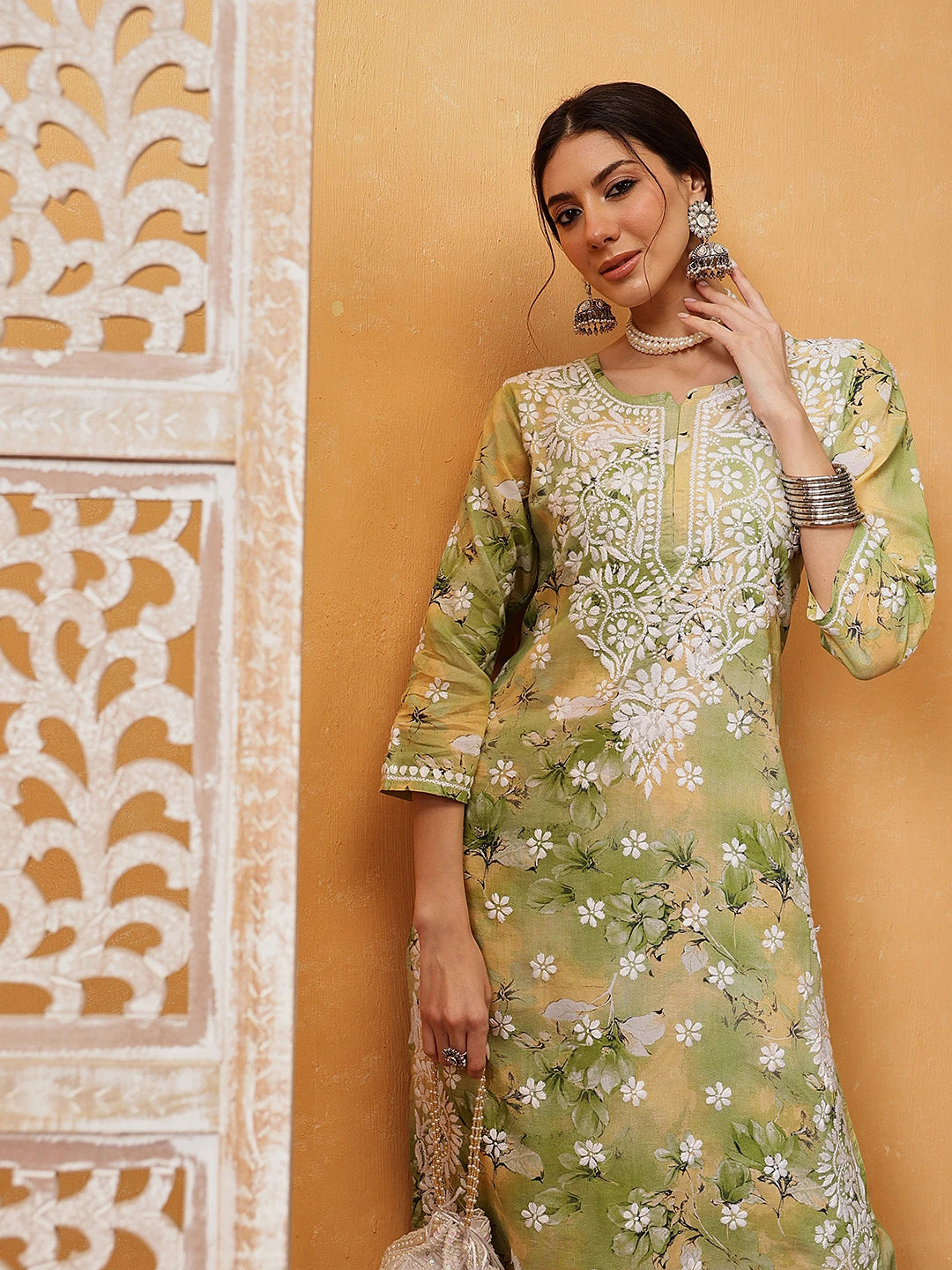 Ada Hand Embroidered Floral Printed Green and Yellow Cotton Lucknowi Chikankari Co-Ord Set A811315