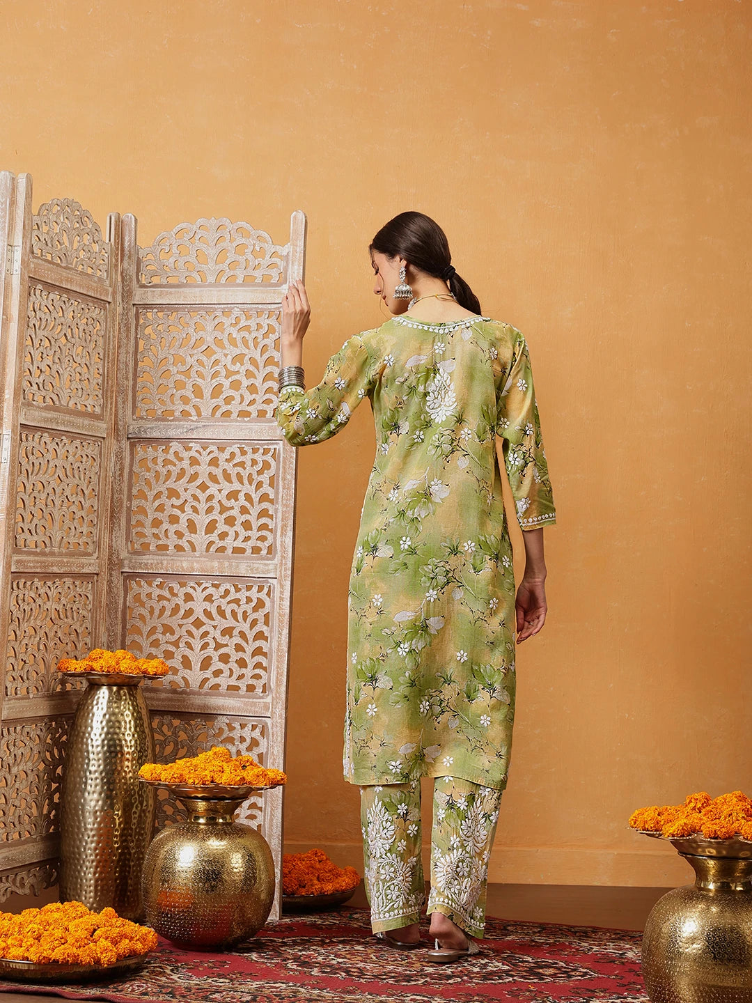 Ada Hand Embroidered Floral Printed Green and Yellow Cotton Lucknowi Chikankari Co-Ord Set A811315