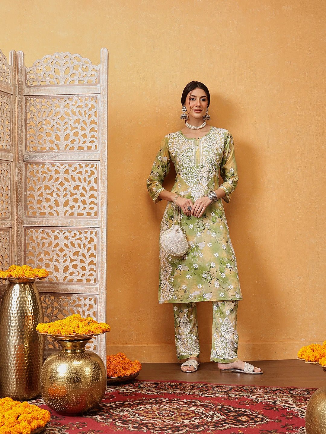 Ada Hand Embroidered Floral Printed Green and Yellow Cotton Lucknowi Chikankari Co-Ord Set A811315