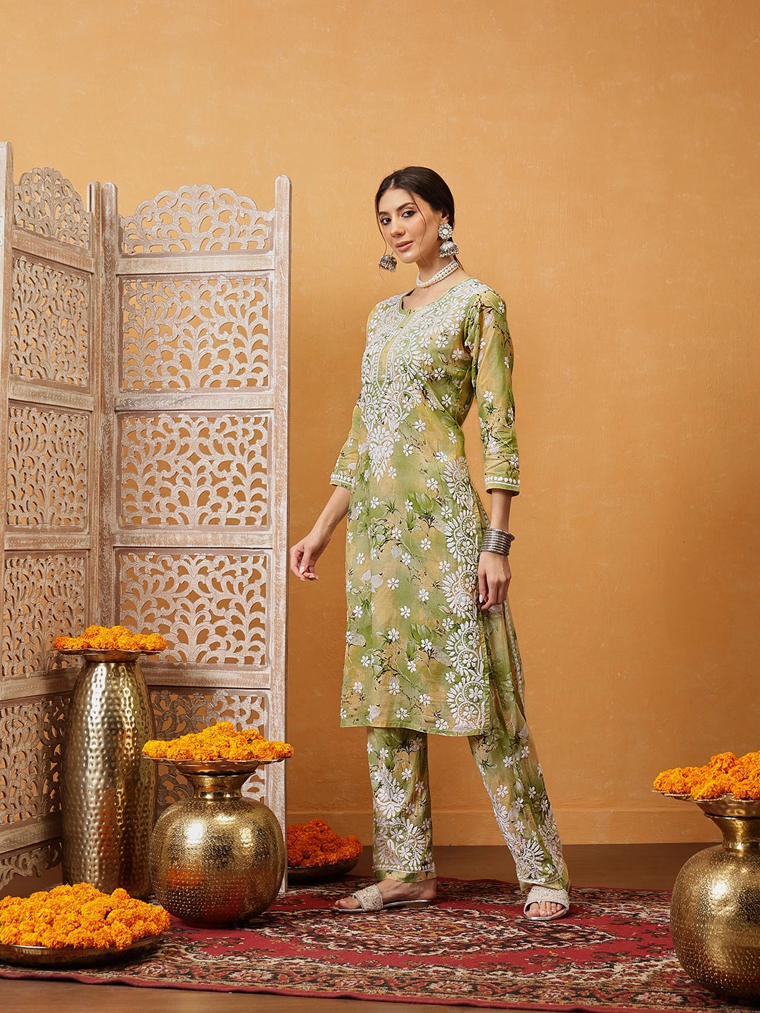 Ada Hand Embroidered Floral Printed Green and Yellow Cotton Lucknowi Chikankari Co-Ord Set A811315