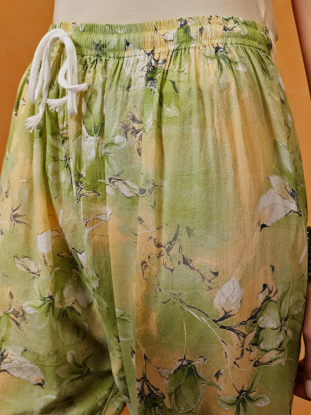 Ada Hand Embroidered Floral Printed Green and Yellow Cotton Lucknowi Chikankari Co-Ord Set A811315