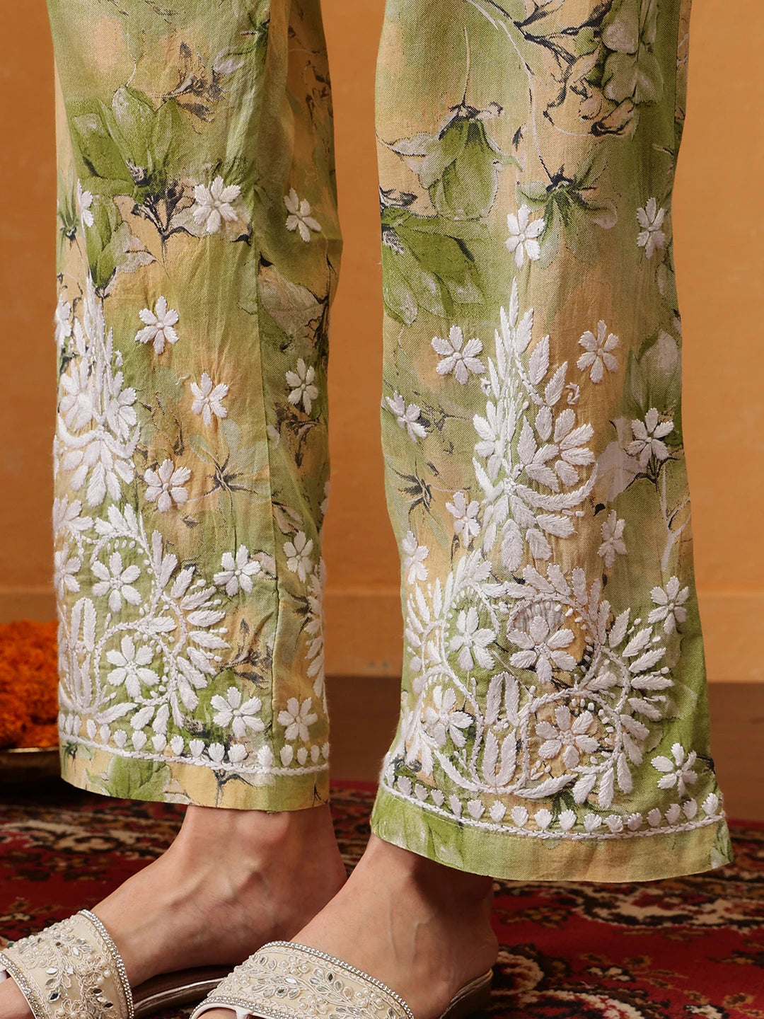 Ada Hand Embroidered Floral Printed Green and Yellow Cotton Lucknowi Chikankari Co-Ord Set A811315