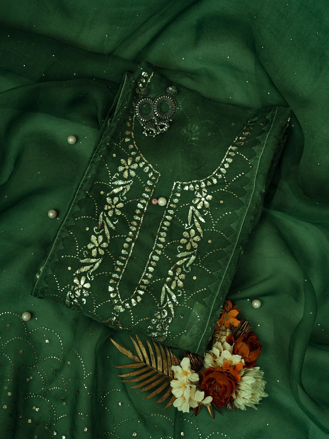 Ada Hand Embroidered Green Organza Lucknowi Chikankari Semi-Stitched Kurta Dupatta Set With Mukaish Work 01A723564