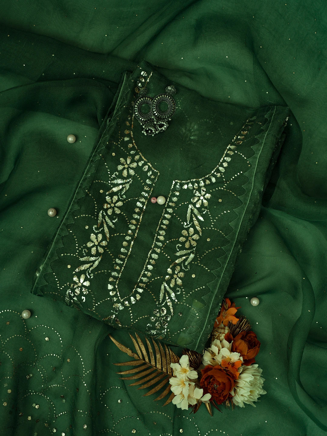 Ada Hand Embroidered Green Organza Lucknowi Chikankari Semi-Stitched Kurta Dupatta Set With Mukaish Work 01A723564