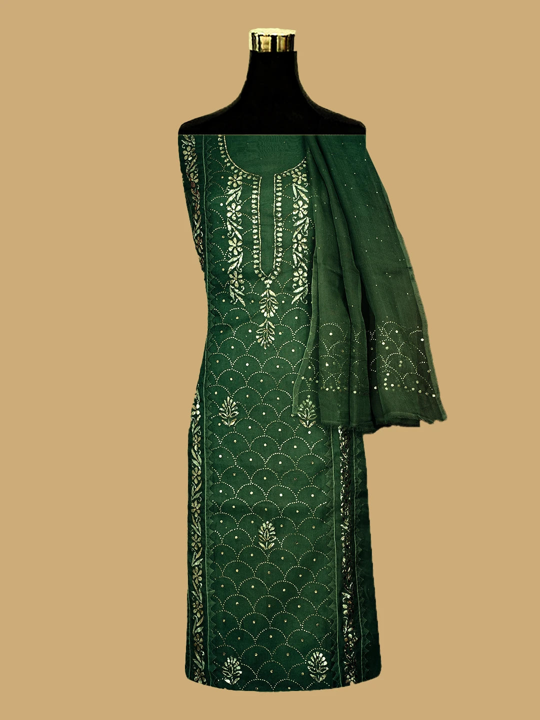 Ada Hand Embroidered Green Organza Lucknowi Chikankari Semi-Stitched Kurta Dupatta Set With Mukaish Work 01A723564