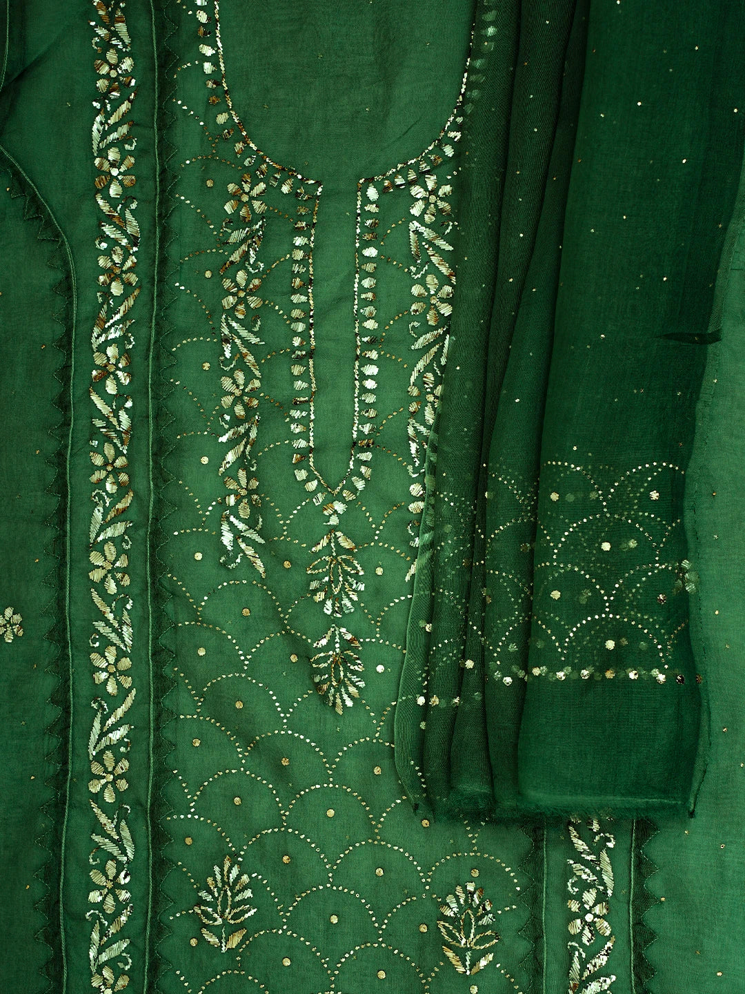 Ada Hand Embroidered Green Organza Lucknowi Chikankari Semi-Stitched Kurta Dupatta Set With Mukaish Work 01A723564