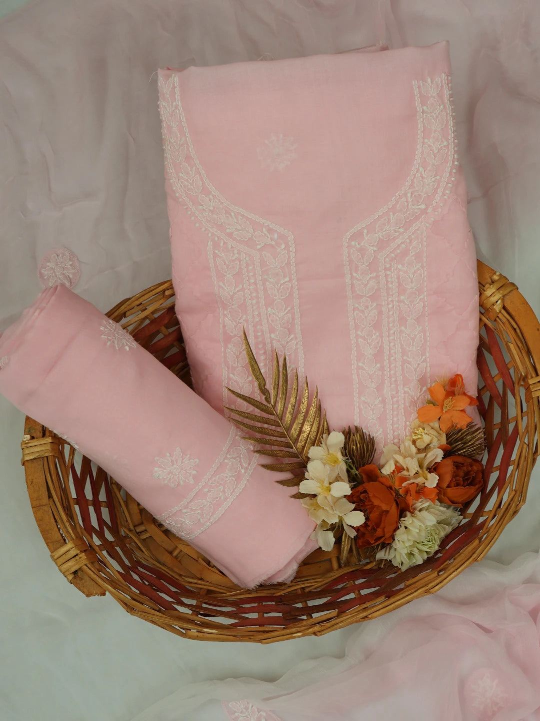 Ada Hand Embroidered Pink Cotton Lucknowi Chikankari Unstitched Suit Piece 01A637576