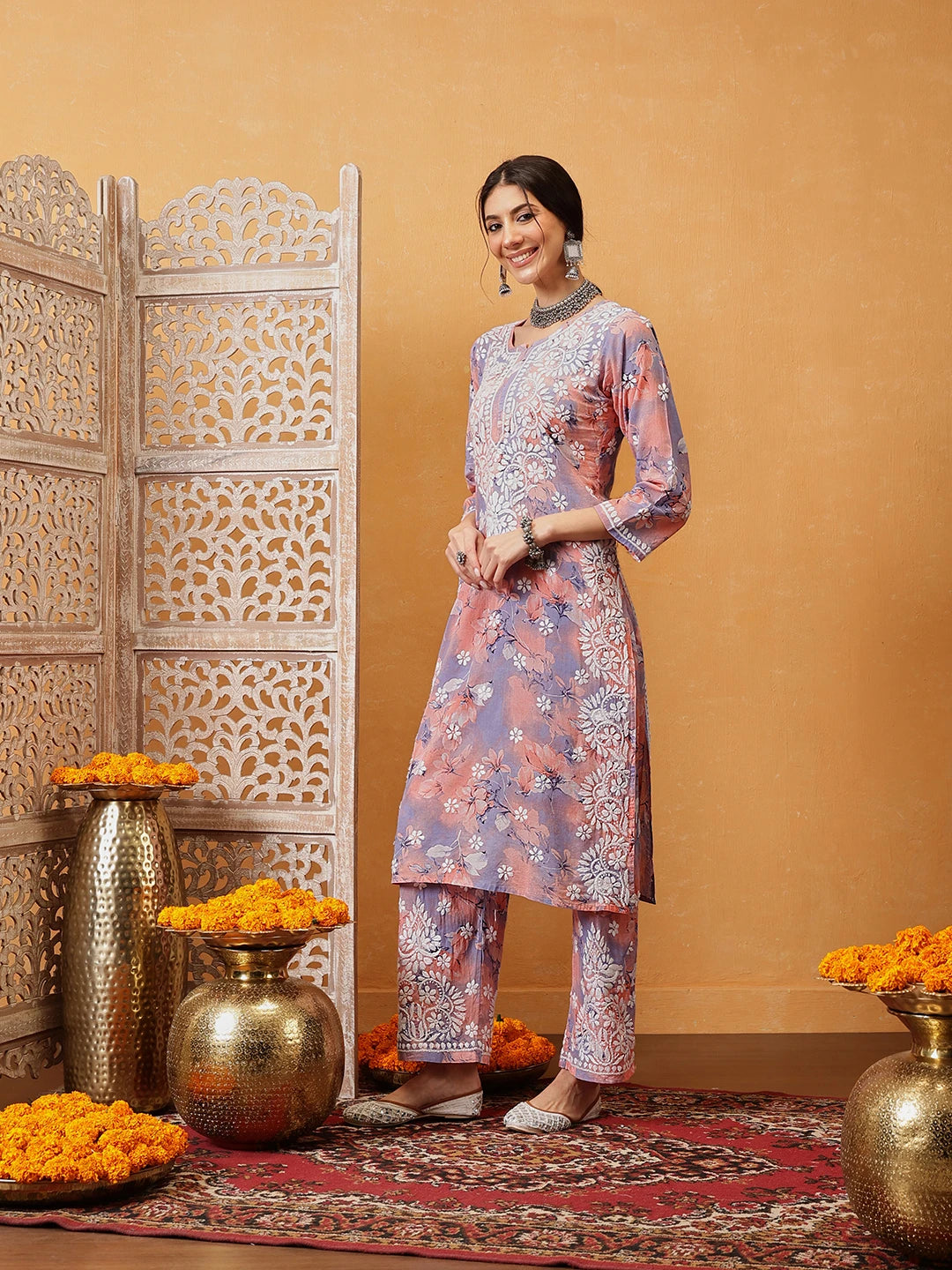 Ada Hand Embroidered Floral Printed Peach and Purple Cotton Lucknowi Chikankari Co-Ord Set A811313