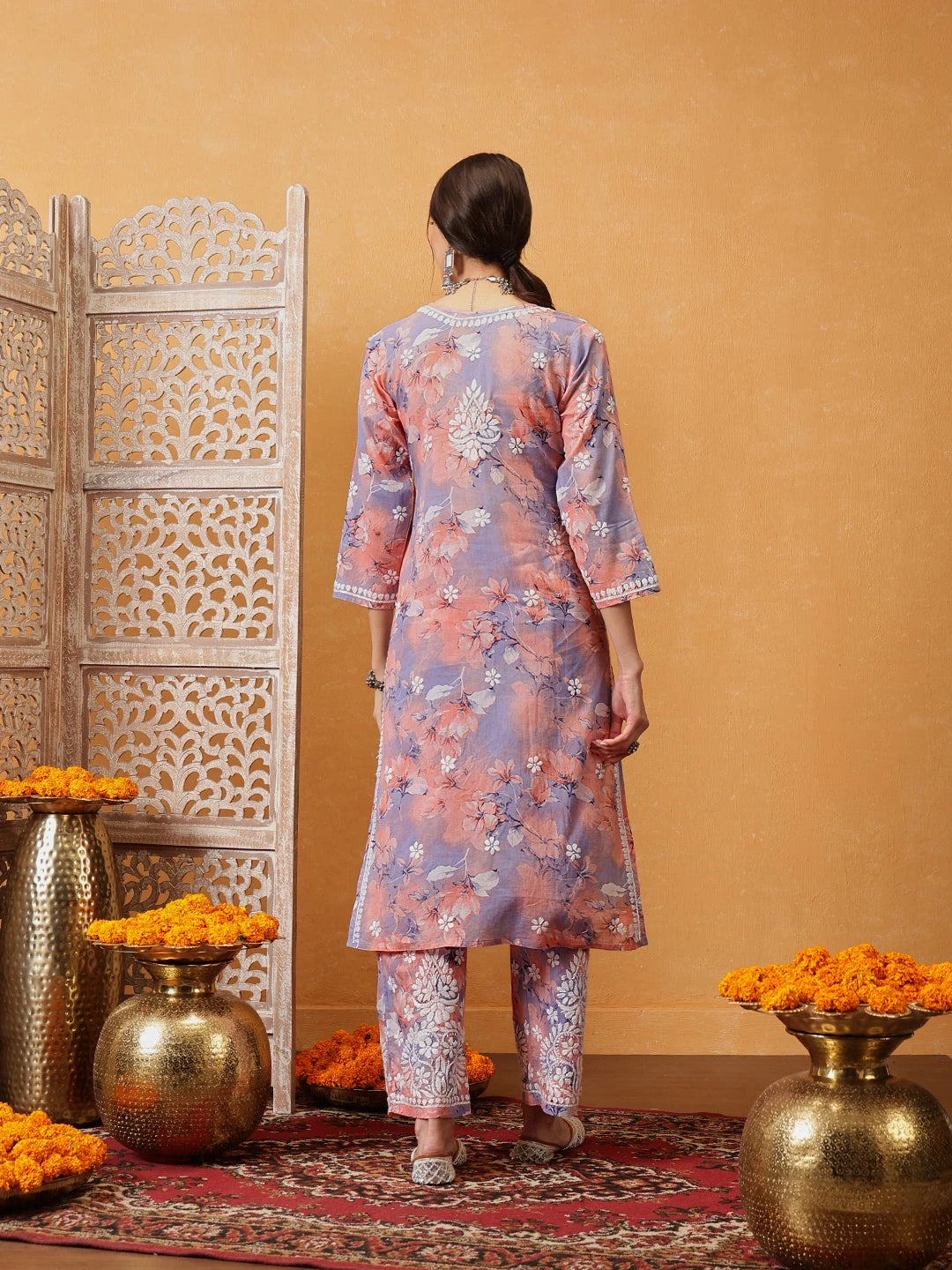 Ada Hand Embroidered Floral Printed Peach and Purple Cotton Lucknowi Chikankari Co-Ord Set A811313