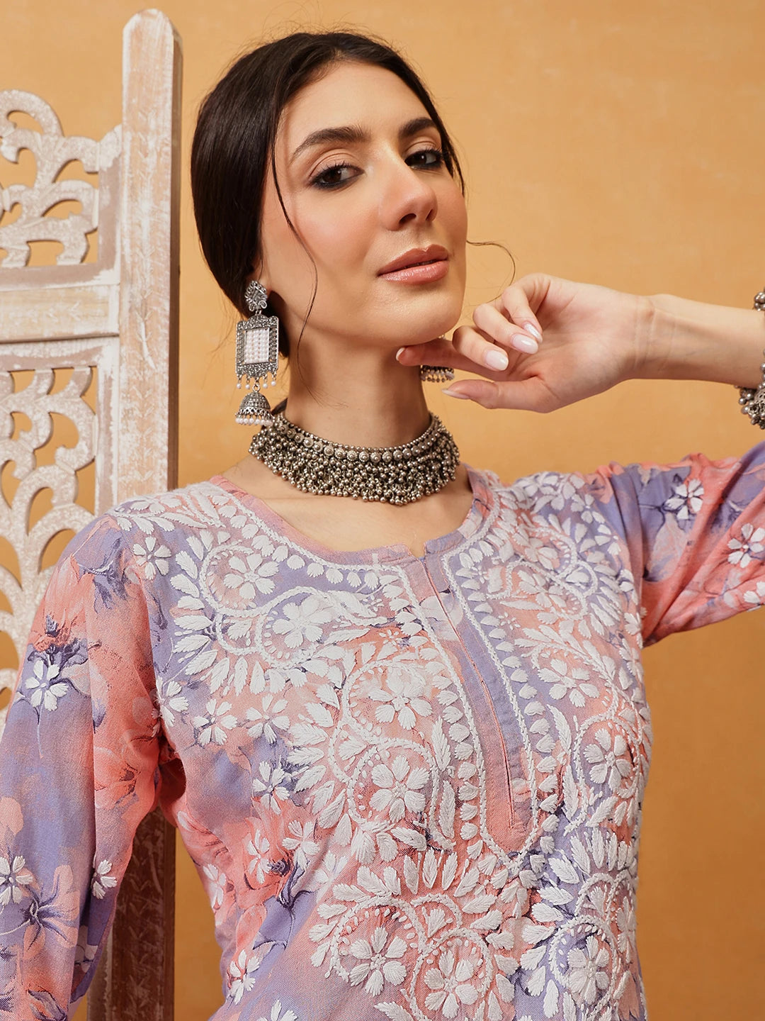 Ada Hand Embroidered Floral Printed Peach and Purple Cotton Lucknowi Chikankari Co-Ord Set A811313