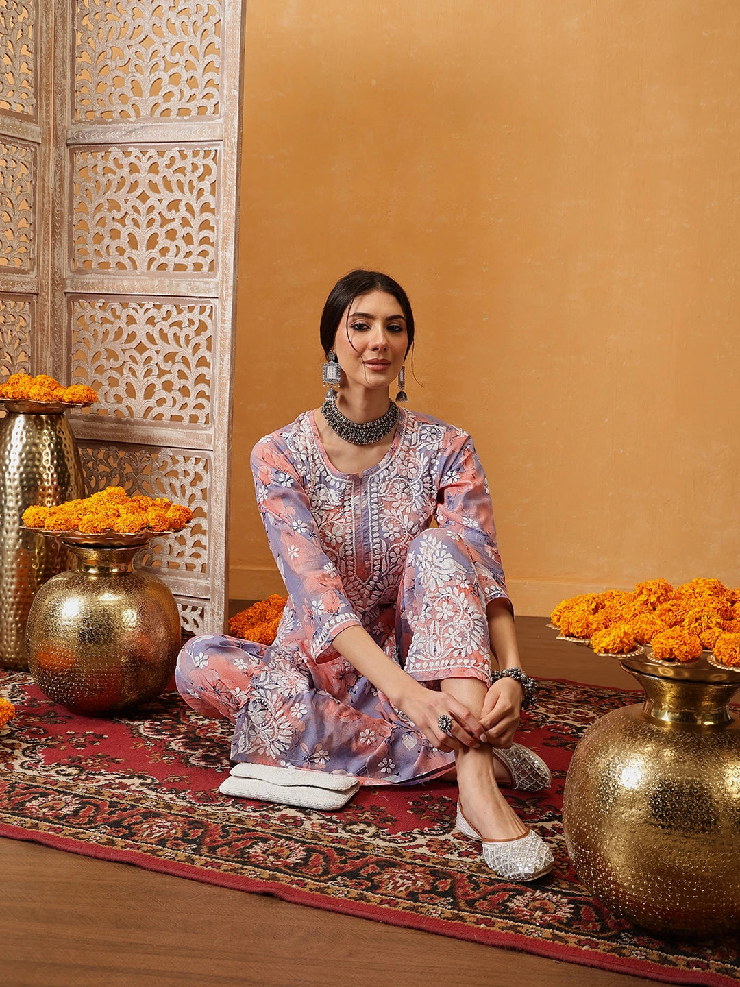 Ada Hand Embroidered Floral Printed Peach and Purple Cotton Lucknowi Chikankari Co-Ord Set A811313