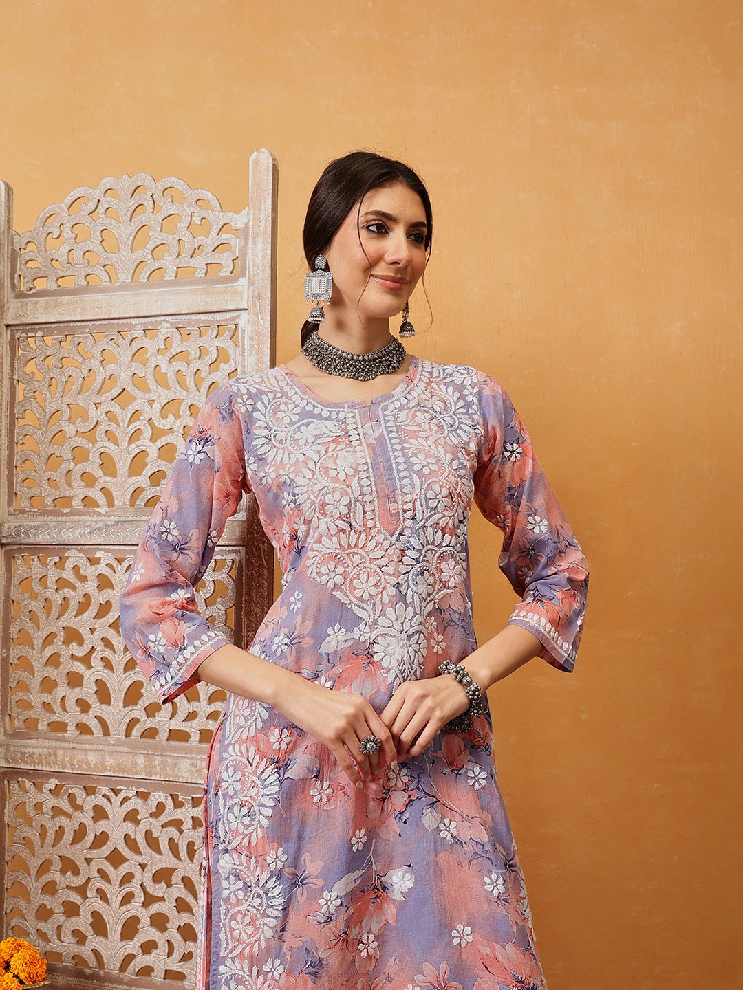 Ada Hand Embroidered Floral Printed Peach and Purple Cotton Lucknowi Chikankari Co-Ord Set A811313