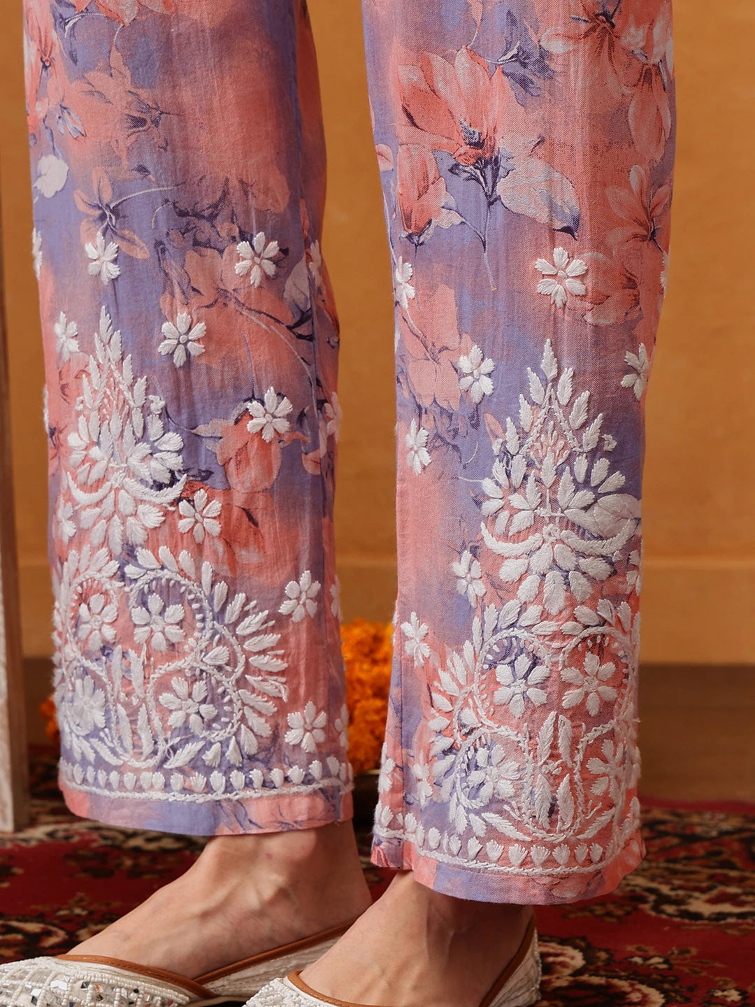 Ada Hand Embroidered Floral Printed Peach and Purple Cotton Lucknowi Chikankari Co-Ord Set A811313