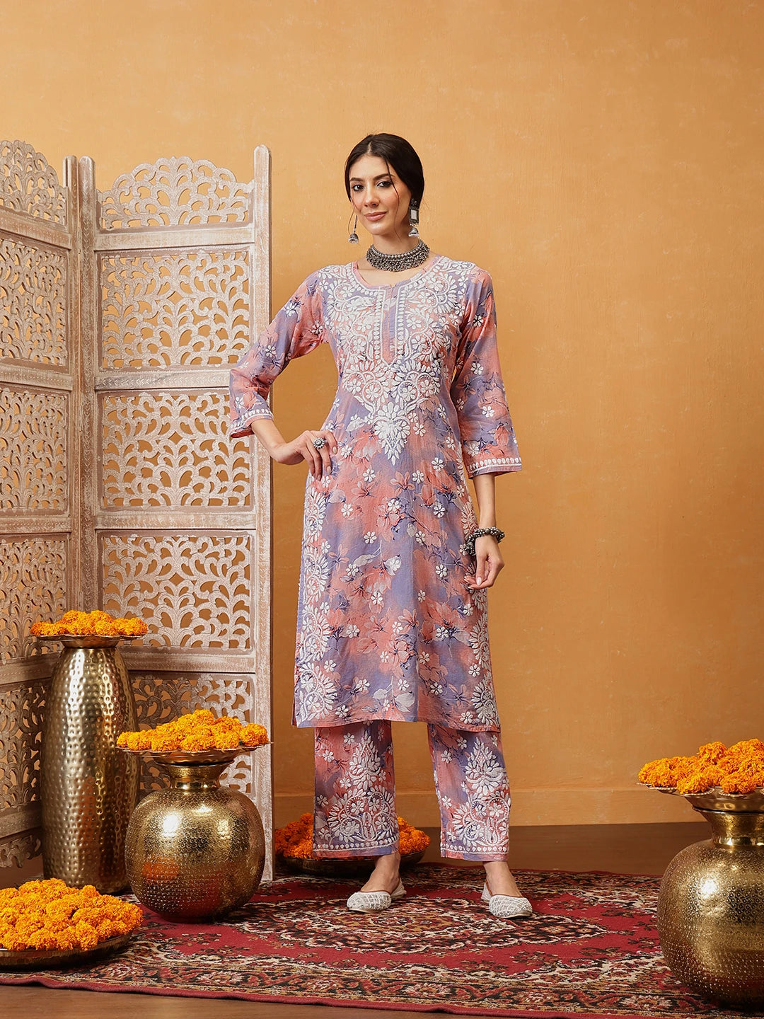 Ada Hand Embroidered Floral Printed Peach and Purple Cotton Lucknowi Chikankari Co-Ord Set A811313