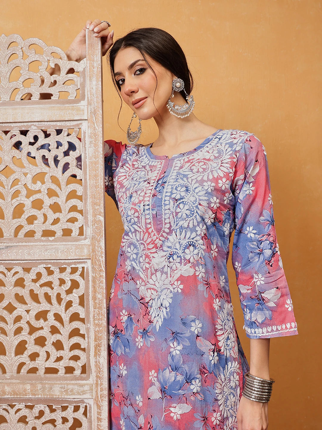 Ada Hand Embroidered Floral Printed Carrot Pink and Blue Cotton Lucknowi Chikankari Co-Ord Set A811311