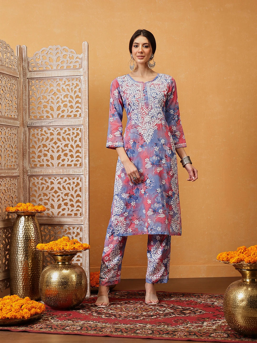 Ada Hand Embroidered Floral Printed Carrot Pink and Blue Cotton Lucknowi Chikankari Co-Ord Set A811311